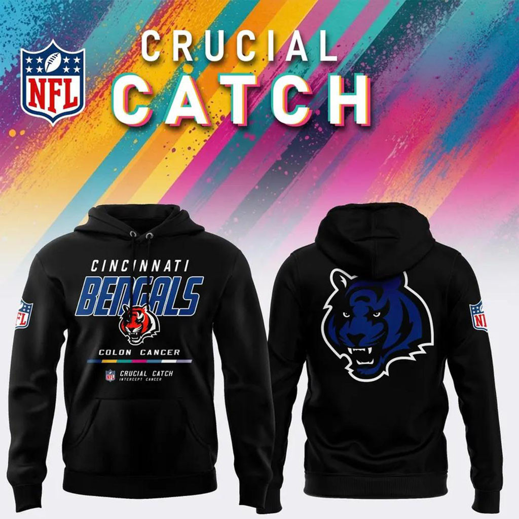 Cincinnati Bengals 2026 Crucial Catch Intercept Cancer Hoodie NFL Crucial Catch Merch Black