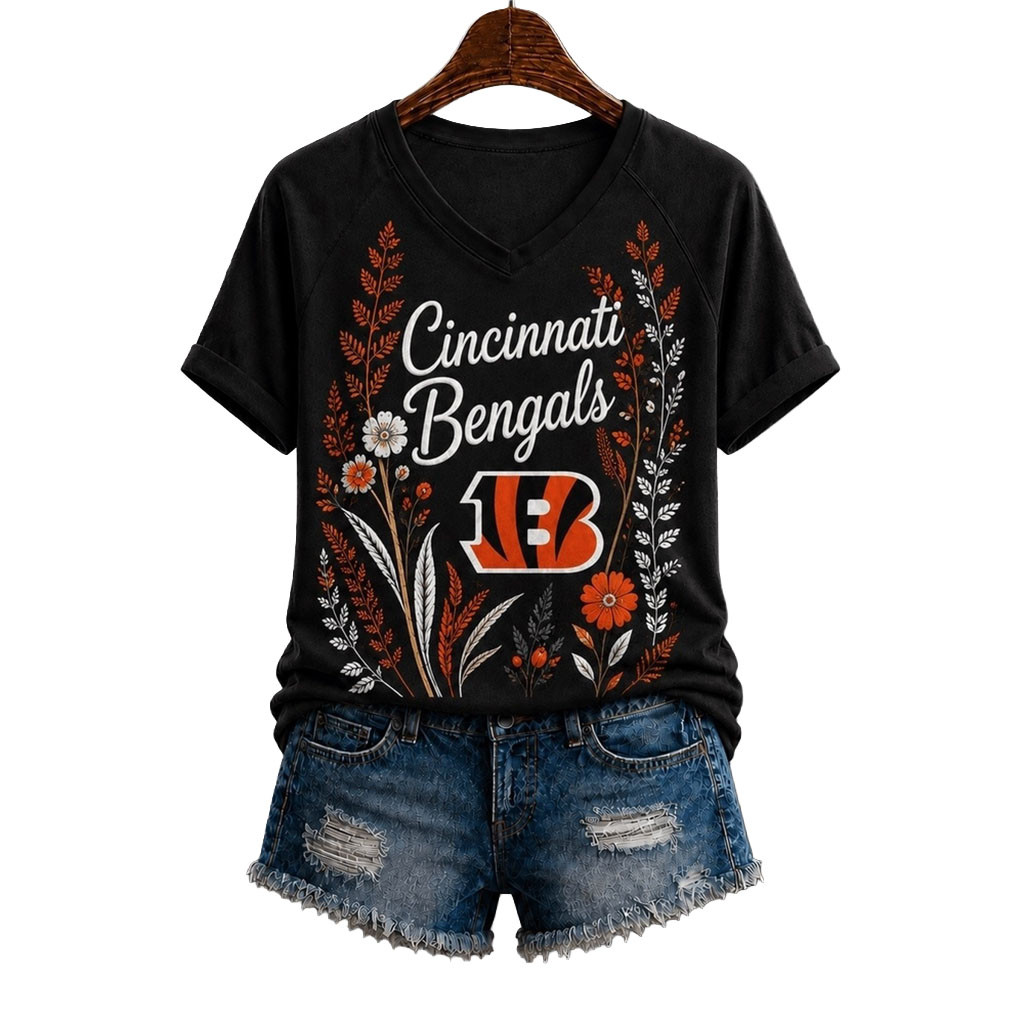 Cincinnati Bengals Floral Garden V-Neck T-Shirt Bengals Merch Best Gifts For Football Fans