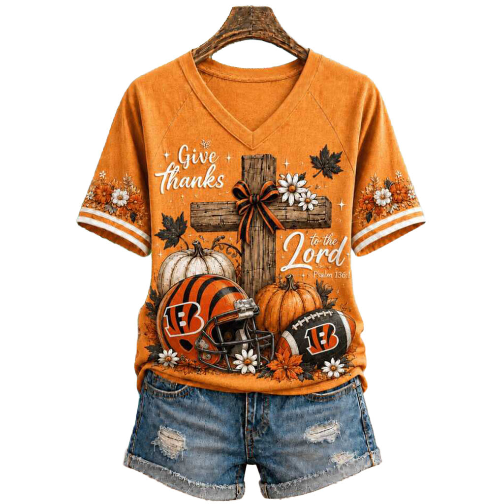 Cincinnati Bengals Give Thanks To The Lord Pumpkin Cross V-Neck Shirt Cincinnati Bengals Merch Cincinnati Bengals Give Thanks To The Lord Pumpkin Cross V-Neck Shirt Cincinnati Bengals Merch
