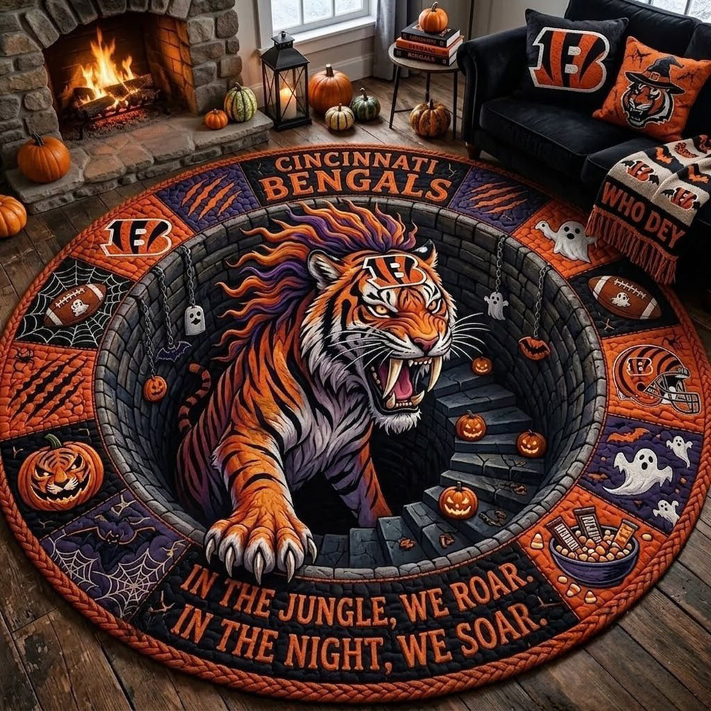 Cincinnati Bengals Merch 2026 Monster Halloween Quilted Round Mat Spooky Home Decor Gifts