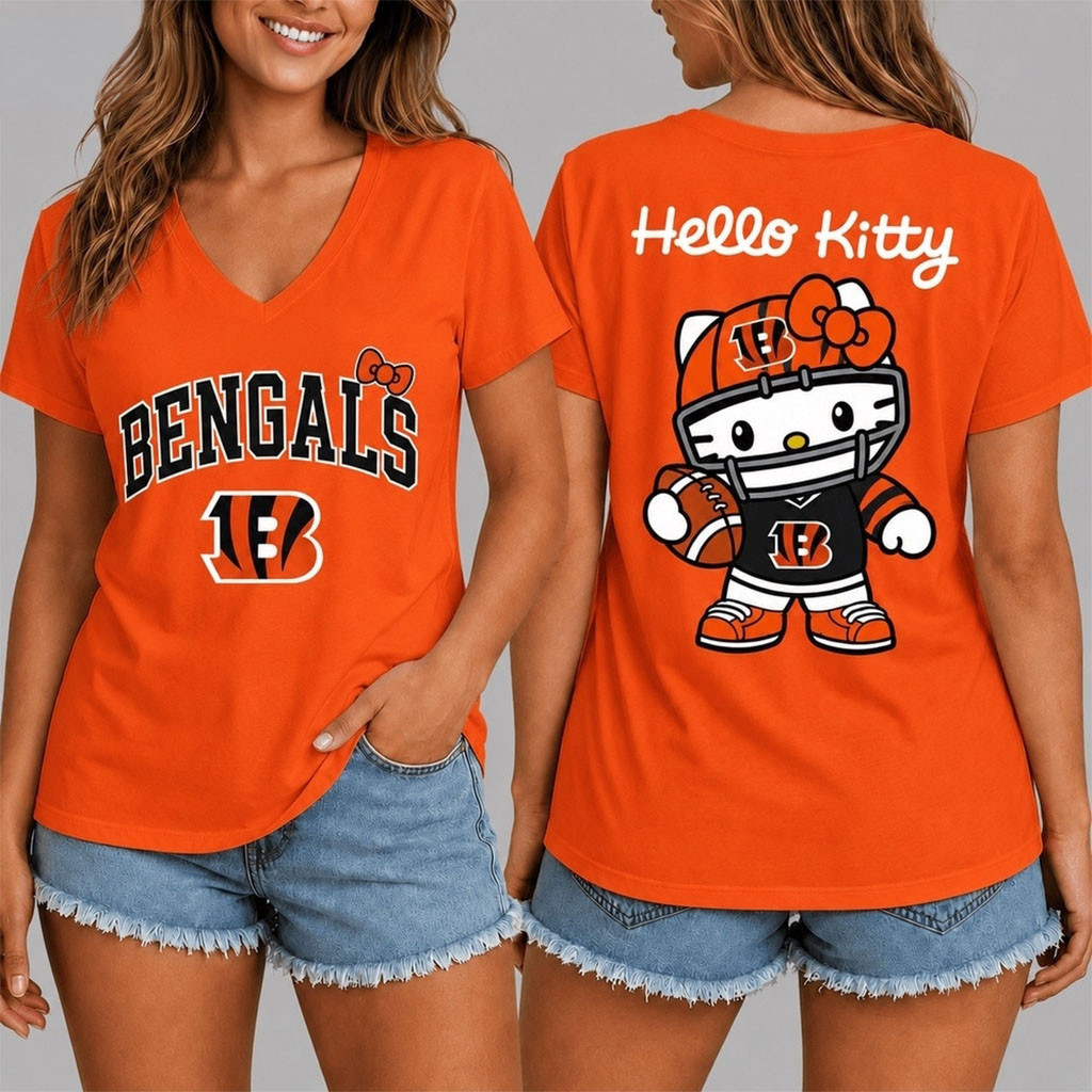 Cincinnati Bengals X Hello Kitty V-Neck Shirt Game Day Attire Cincinnati Bengals Merch Womens
