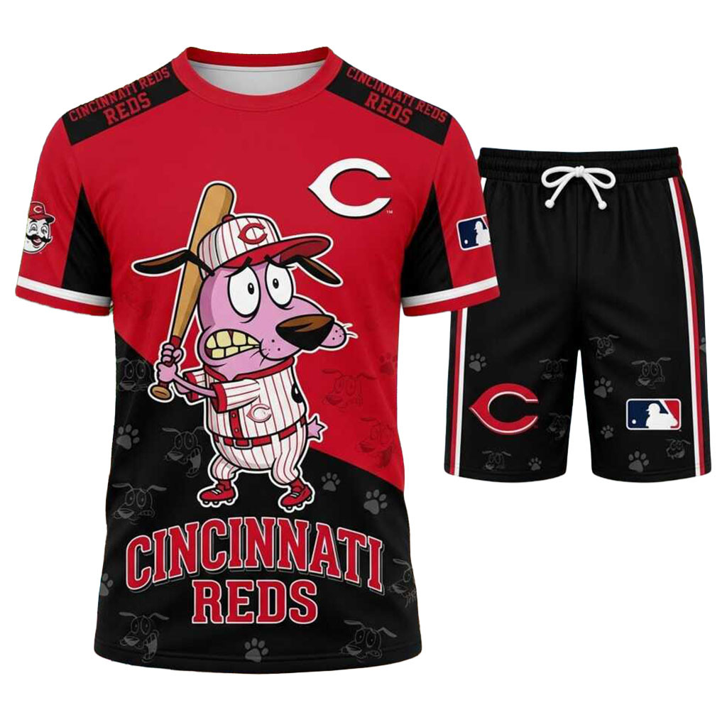 Cincinnati Reds Courage The Cowardly Dog Shirt And Shorts Set Reds Merch Baseball Fan Gifts