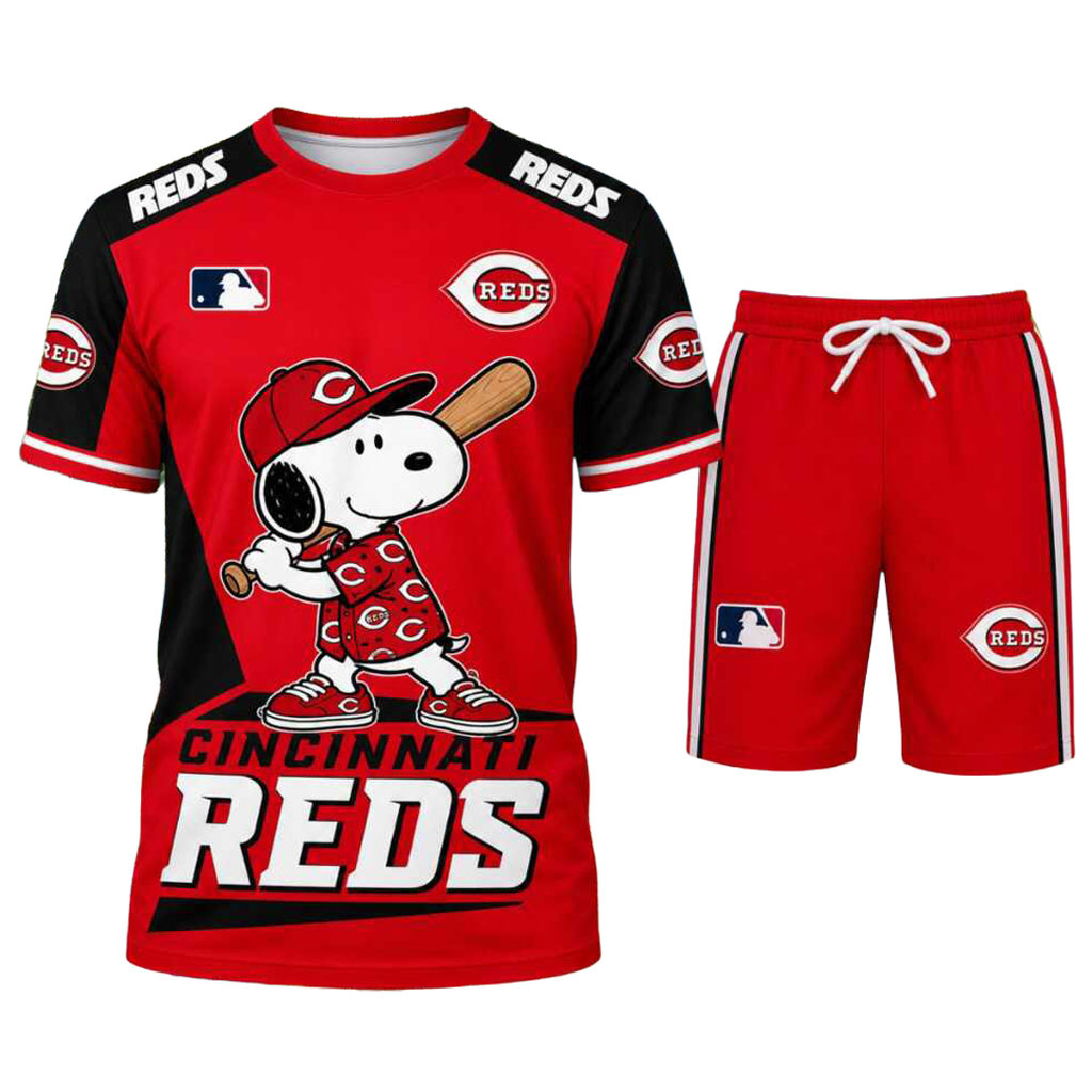 Cincinnati Reds Snoopy Baseball Cartoon Sports Shirt And Shorts Cincinnati Reds Merch Fan Gifts