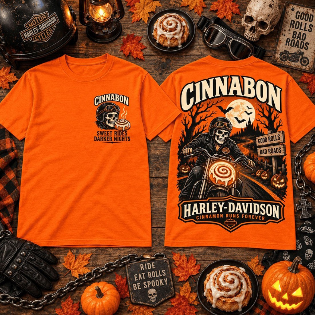 Cinnabon X Harley Davidson Cinnamon Biker Halloween Graphic T-Shirt Cinnamon Runs Forever Shirt