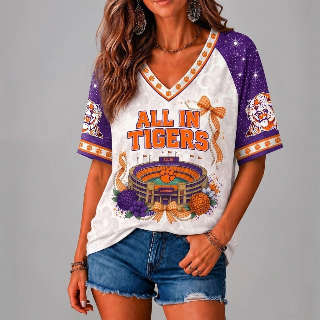Clemson Tigers Floral Stadium Bow V-Neck Shirt All In Tigers Shirt Clemson Tigers Merch For Fan Clemson Tigers Floral Stadium Bow V-Neck Shirt All In Tigers Shirt Clemson Tigers Merch For Fan