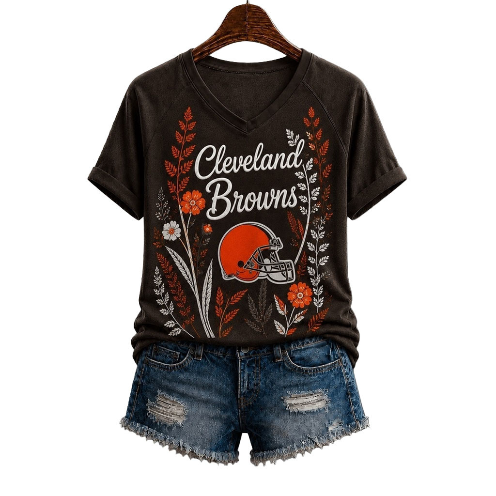Cleveland Browns Floral Garden V-Neck T-Shirt Browns Merch Football Fan Gift Ideas