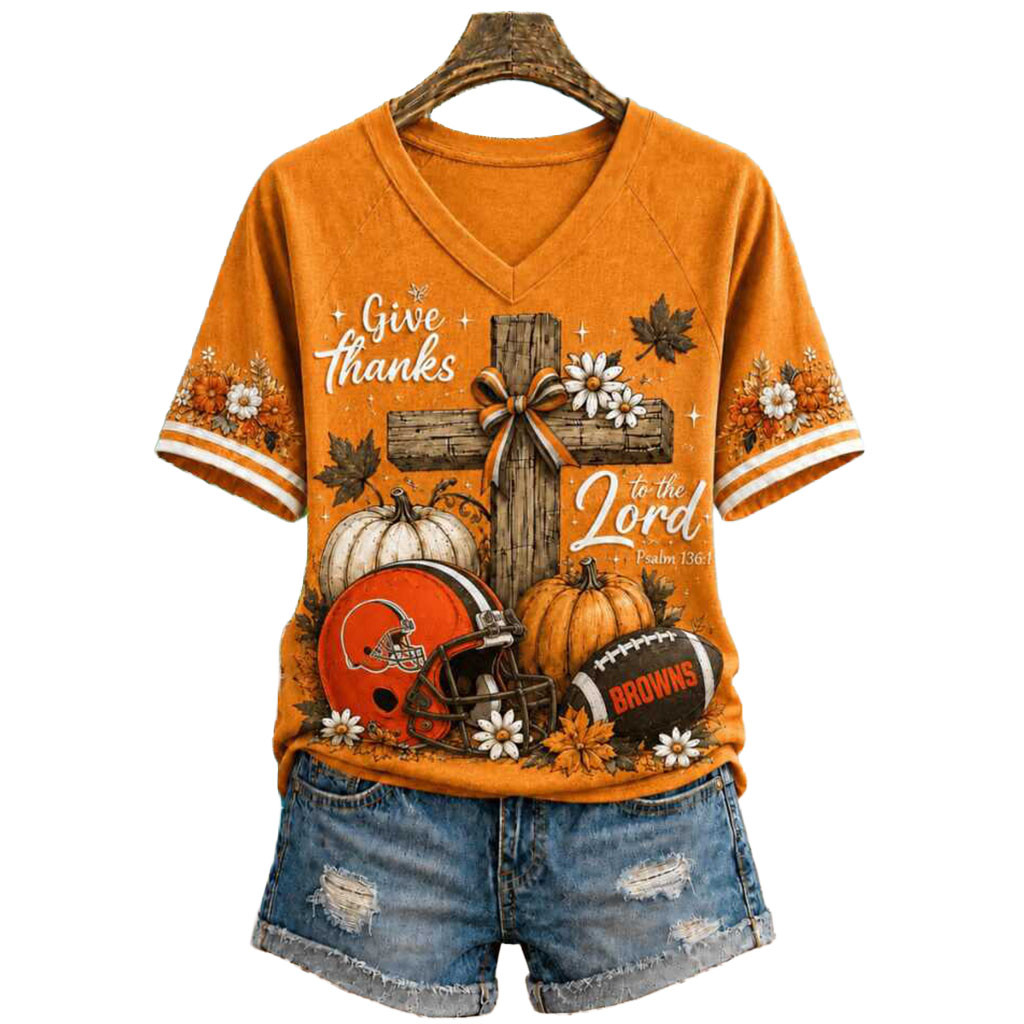 Cleveland Browns Give Thanks Cross Pumpkin Autumn Football V-Neck Shirt Cleveland Browns Merch