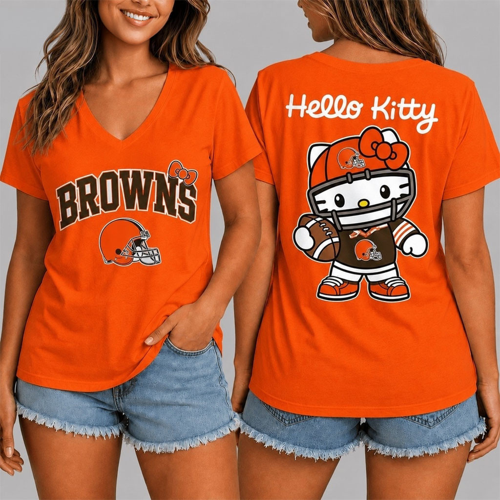 Cleveland Browns X Hello Kitty V-Neck Shirt Cleveland Browns Merch Football Present Ideas