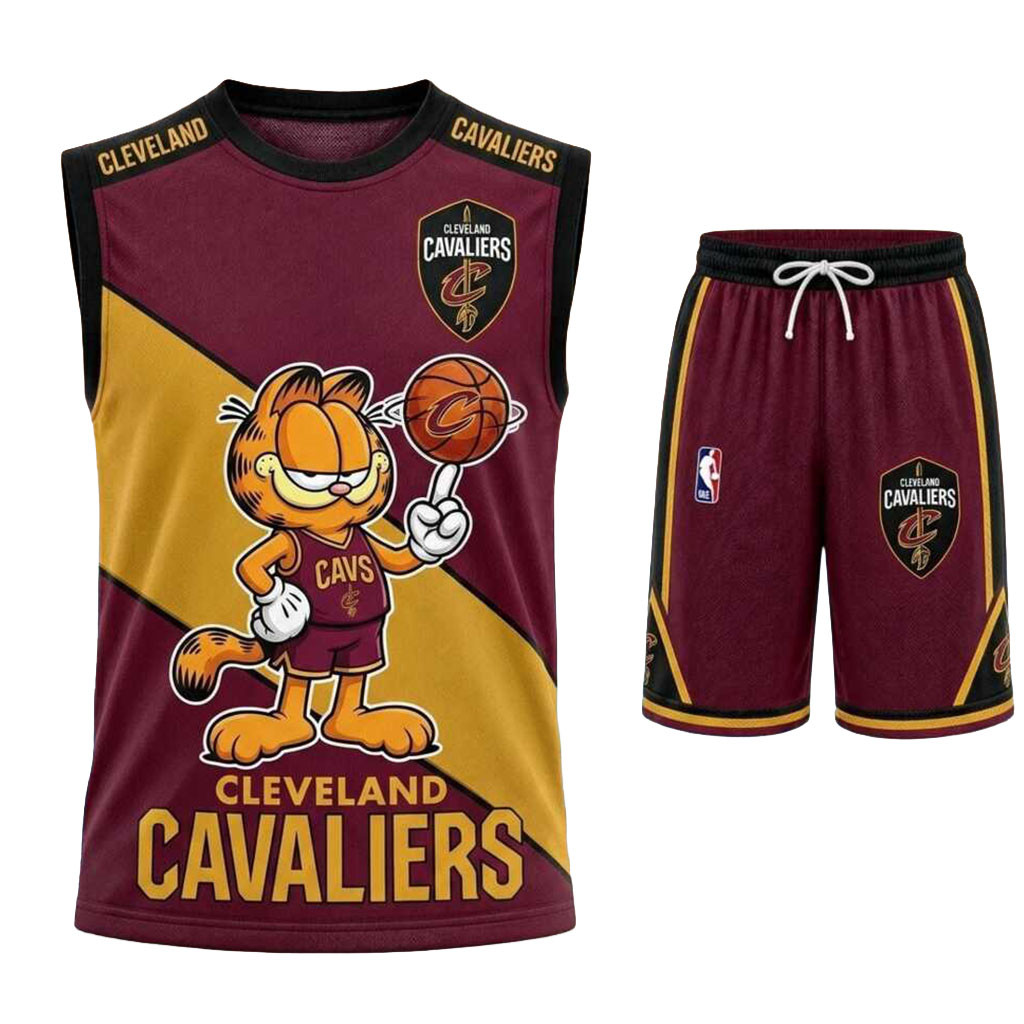 Cleveland Cavaliers Garfield Basketball Muscle Tank And Shorts Cavaliers Merch Gifts For Fans