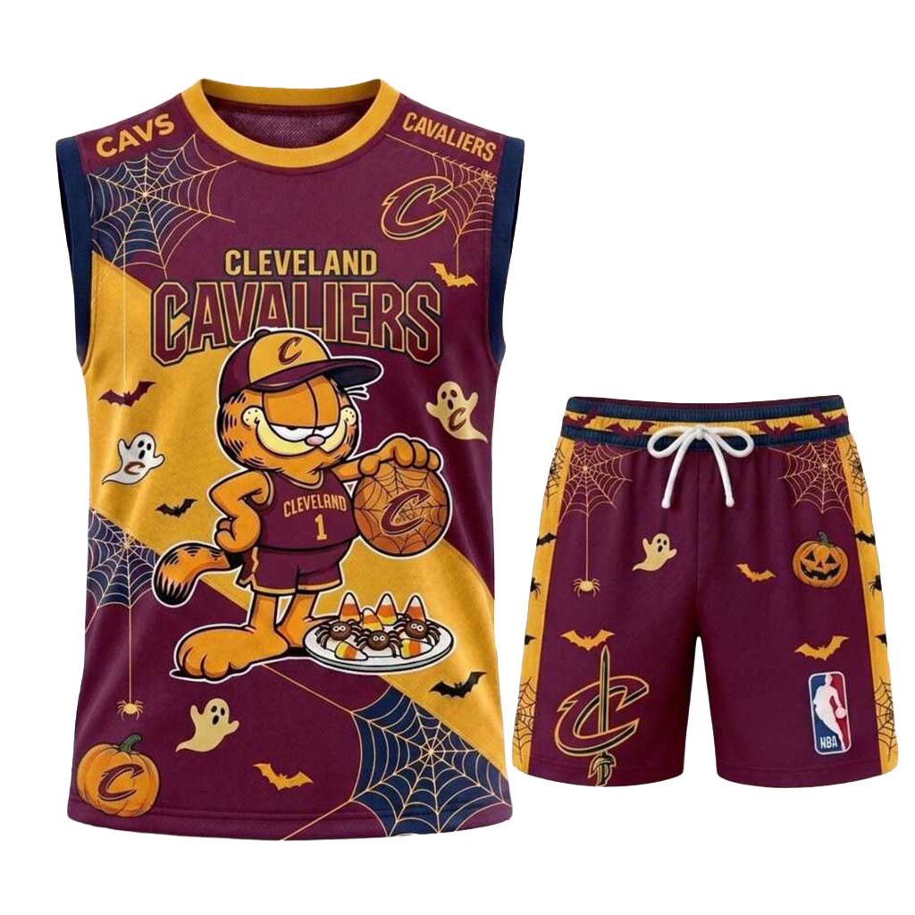Cleveland Cavaliers Garfield Halloween Basketball Muscle Tank And Shorts Cavaliers Merch Gifts