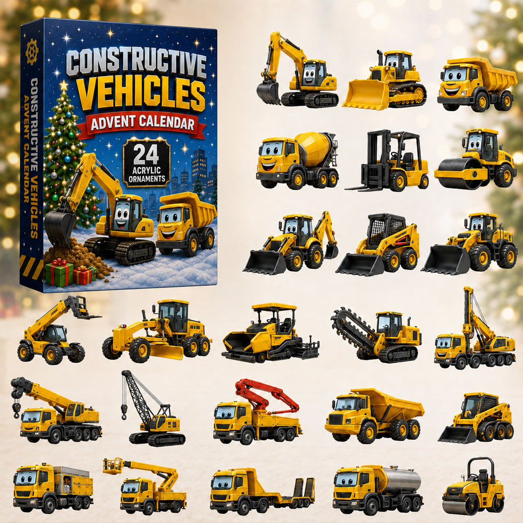Construction Vehicles Advent Calendar 2026 24-Day Acrylic Ornaments Christmas Countdown Box