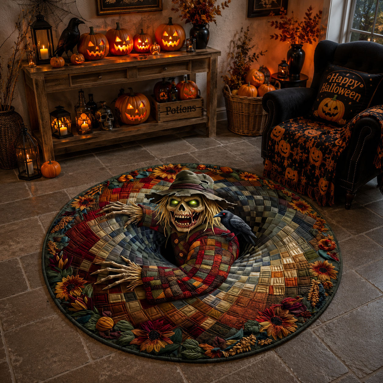 Cornfield Terror Quilted Round Mat Halloween Home Decor Great Housewarming Gifts