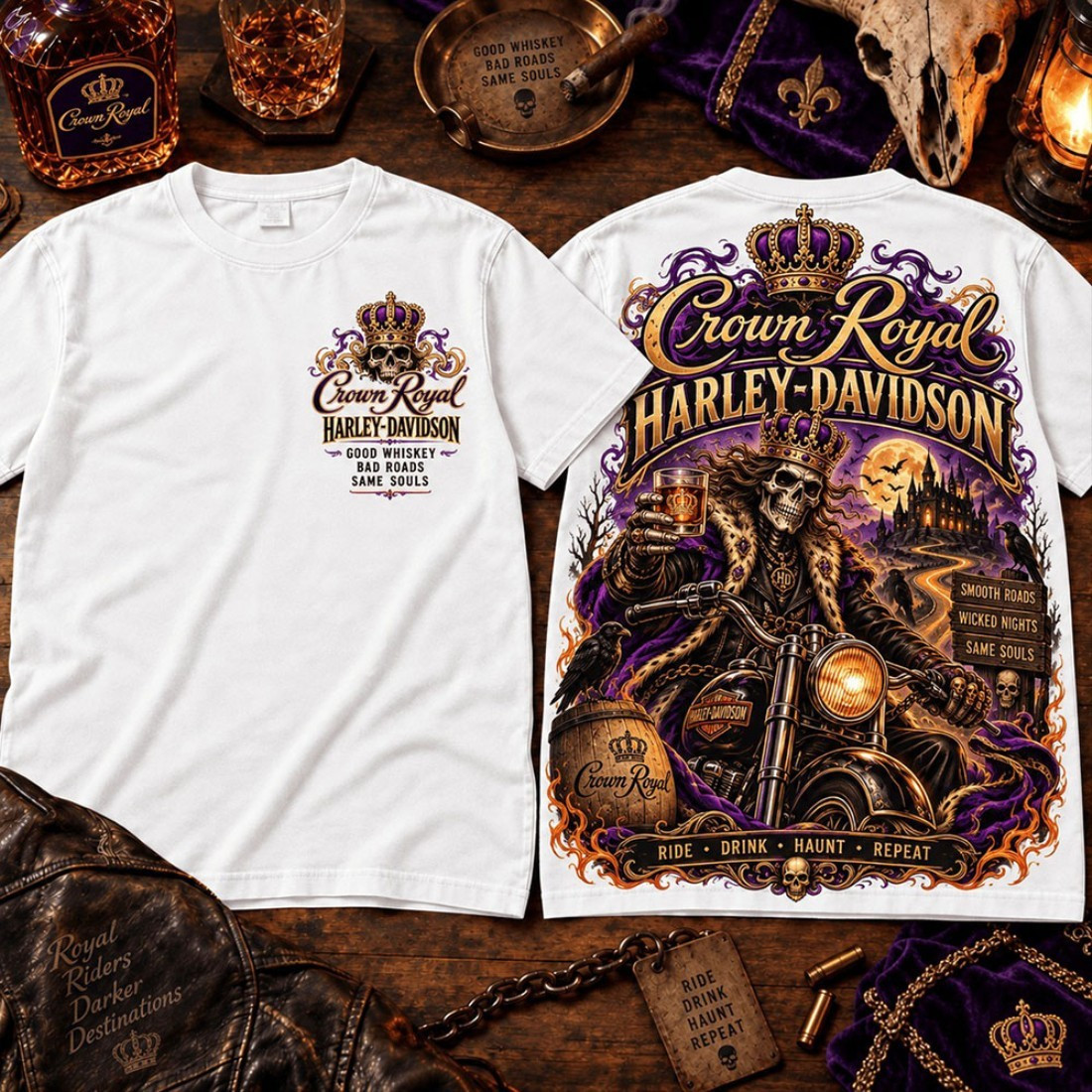 Crown Royal Harley Davidson Purple Skeleton Rider Graphic T-Shirt Gift For Drinking Lovers