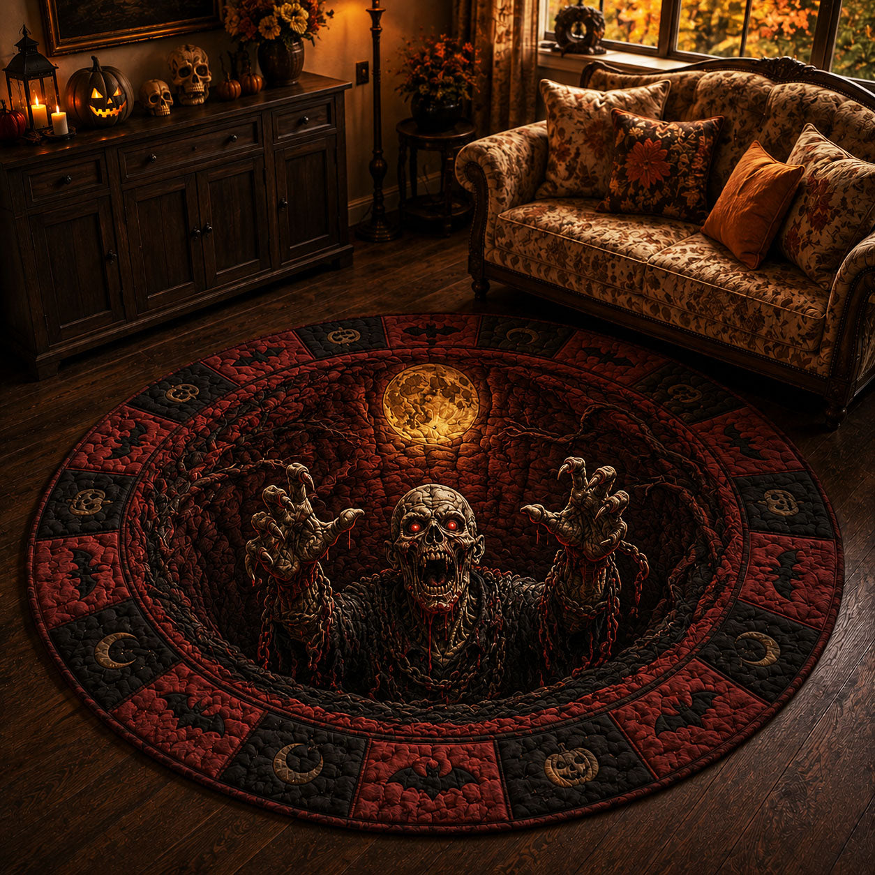 Cursed Risen Quilted Round Mat Fall Pumpkins Decor Top Housewarming Gifts