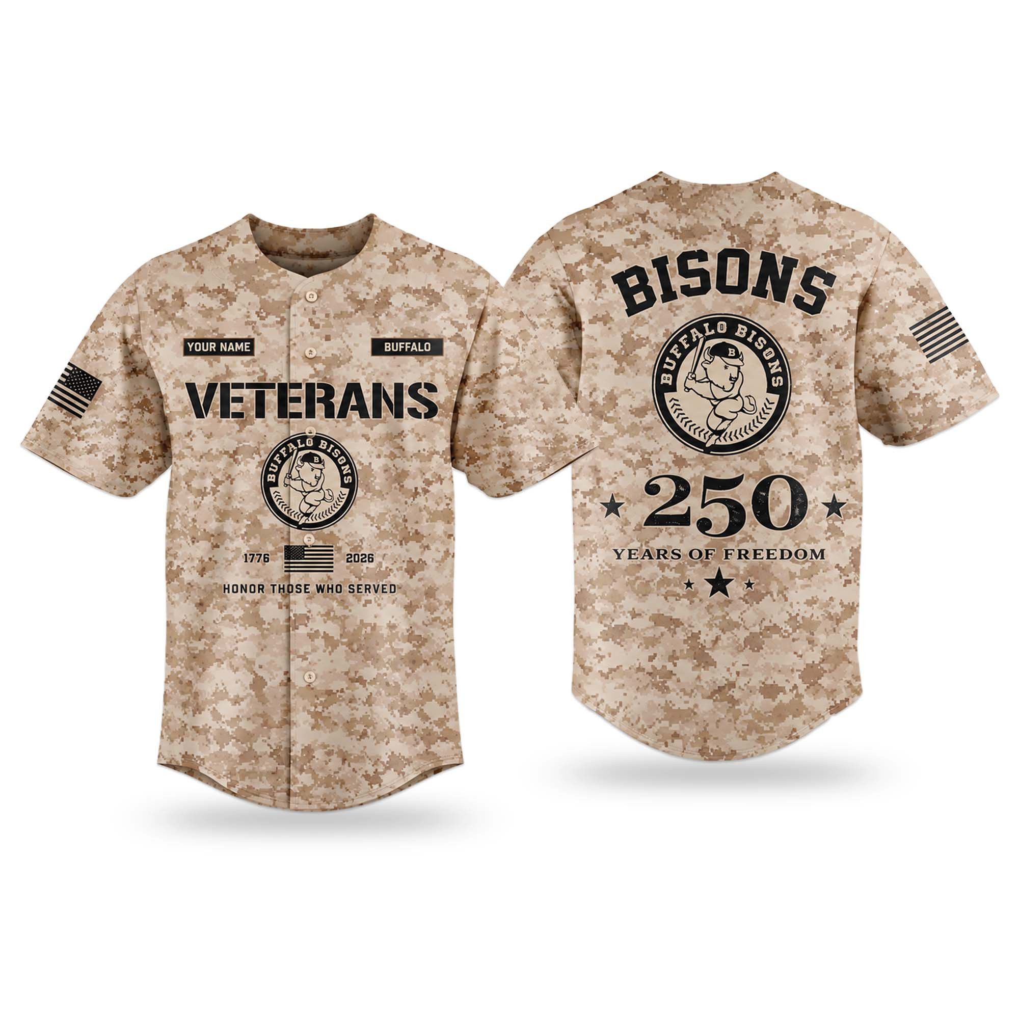 Custom 2026 Bisons Veterans Day 250 Years Of Freedom Jersey Buffalo Bisons Merch Veteran Gifts Custom 2026 Bisons Veterans Day 250 Years Of Freedom Jersey Buffalo Bisons Merch Veteran Gifts