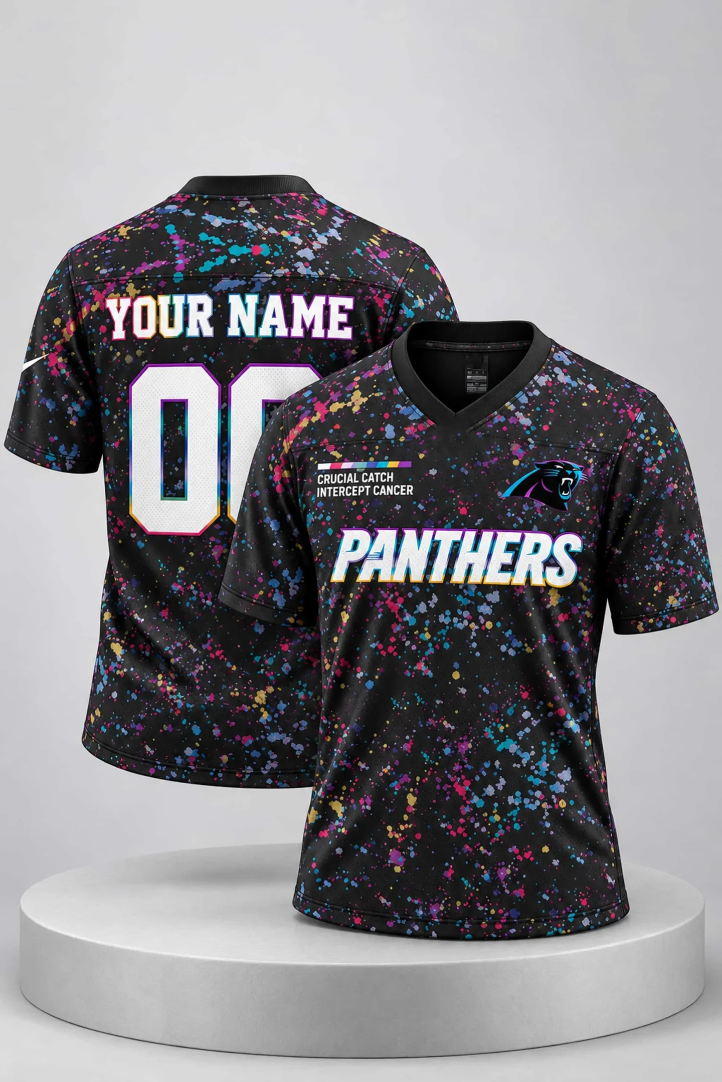 Custom 2026 Panthers Crucial Catch Intercept Cancer Football Jersey Carolina Panthers Merch