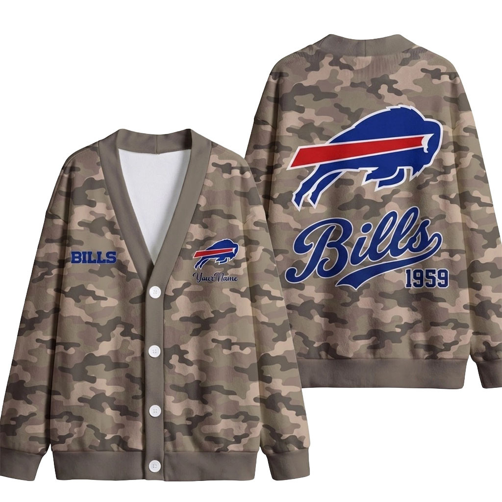 Custom Buffalo Bills Veteran Military Camo Heritage Cardigan Bills Merch Gifts For Football Fan