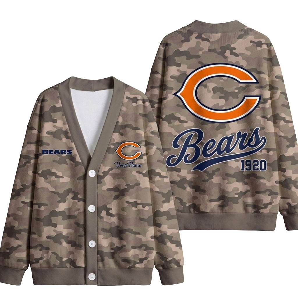 Custom Chicago Bears Veteran Military Camo Heritage Cardigan Bears Merch Gifts For Football Fan