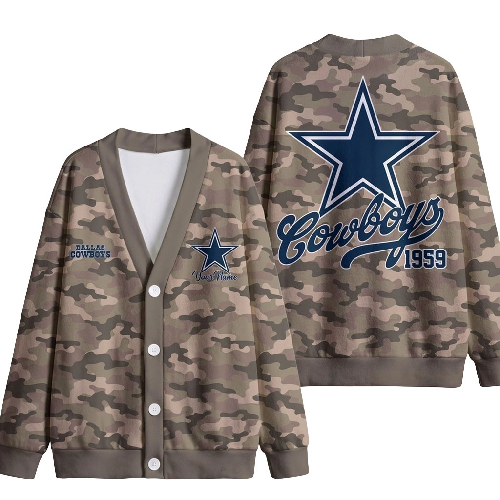 Custom Dallas Cowboys Veteran Military Camo Heritage Cardigan Cowboys Merch Gifts For Fans