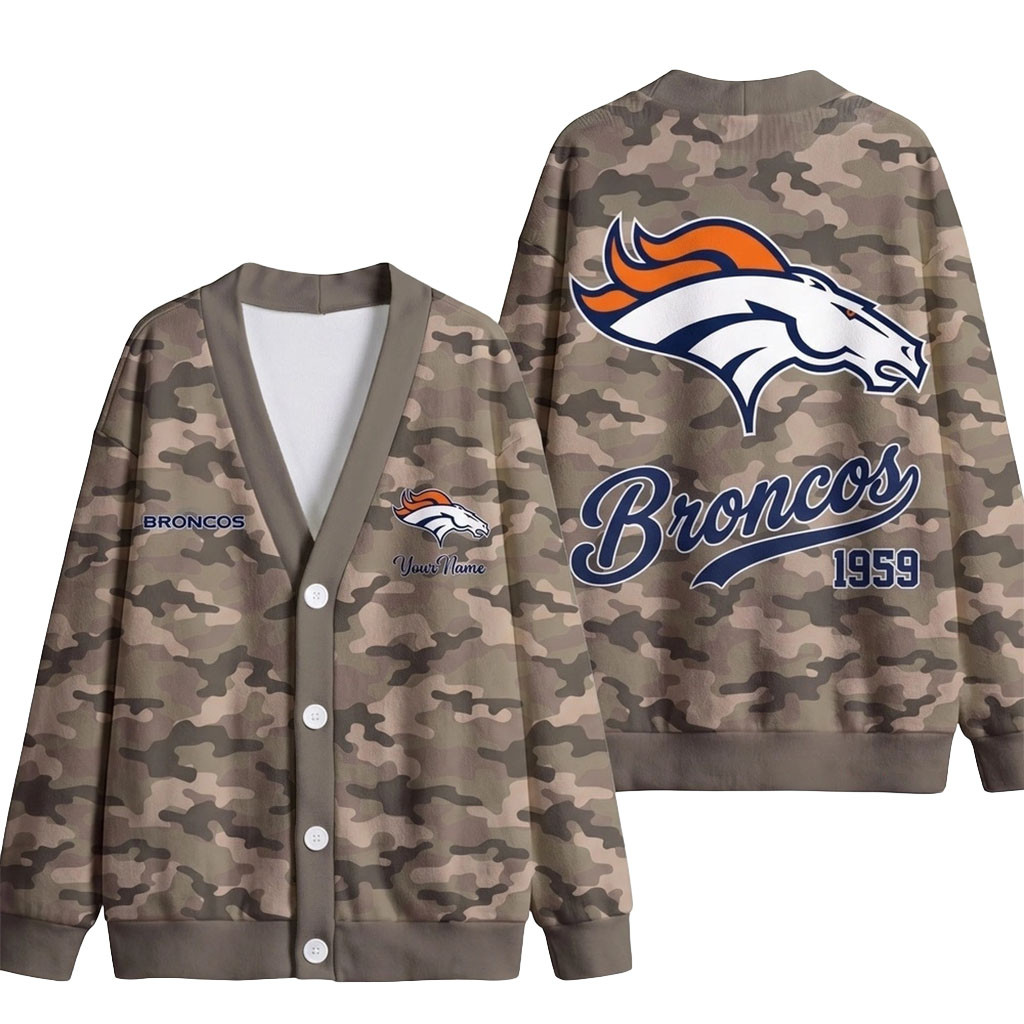Custom Denver Broncos Veteran Military Camo Heritage Cardigan Broncos Merch Gifts For Her