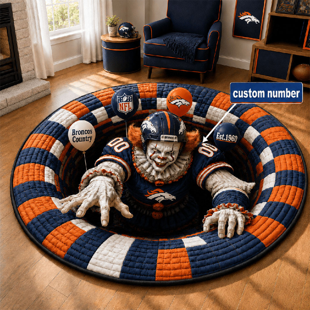 Custom Denver Broncos X Pennywise Merch 2026 Halloween Quilted Round Mat Gift For Football Fan Custom Denver Broncos X Pennywise Merch 2026 Halloween Quilted Round Mat Gift For Football Fan