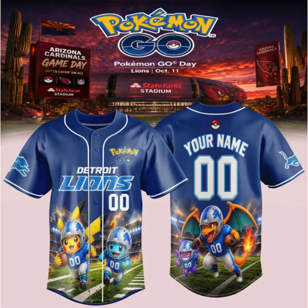 Custom Detroit Lions Pokemon GO Day Baseball Jersey Detroit Lions Merch Gift For Football Fans