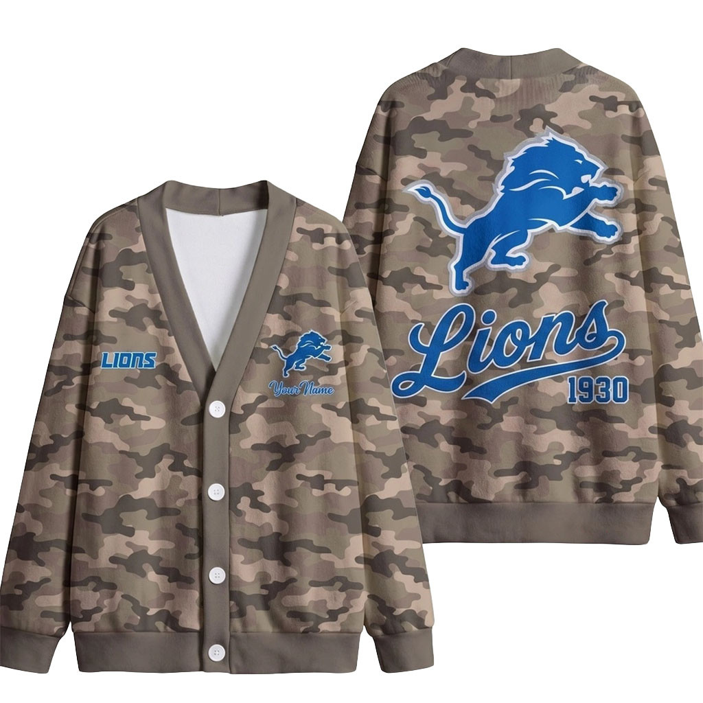 Custom Detroit Lions Veteran Military Camo Heritage Cardigan Lions Merch Football Fan Gift Ideas
