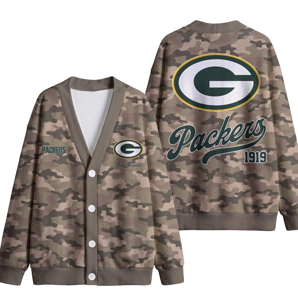 Custom Green Bay Packers Veteran Military Camo Heritage Cardigan Packers Merch Football Fan Gift Custom Green Bay Packers Veteran Military Camo Heritage Cardigan Packers Merch Football Fan Gift
