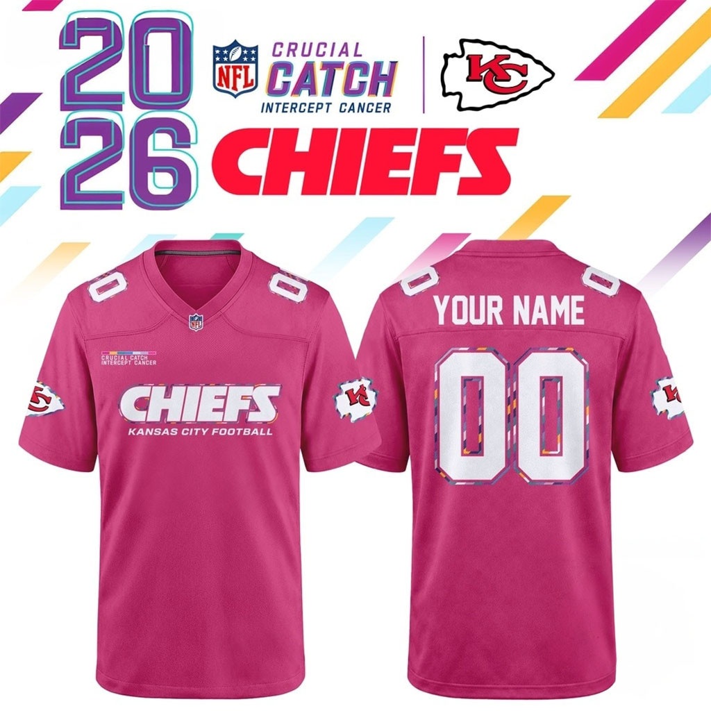 Custom Kansas City Chiefs NFL Crucial Catch 2026 Pink Football Jersey Chiefs Merch Gift For Fan