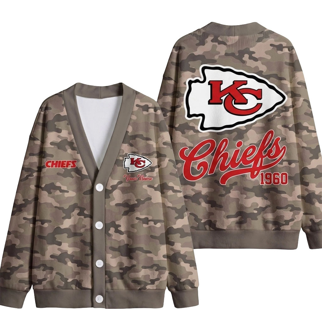 Custom Kansas City Chiefs Veteran Military Camo Heritage Cardigan Chiefs Merch Football Fan Gift
