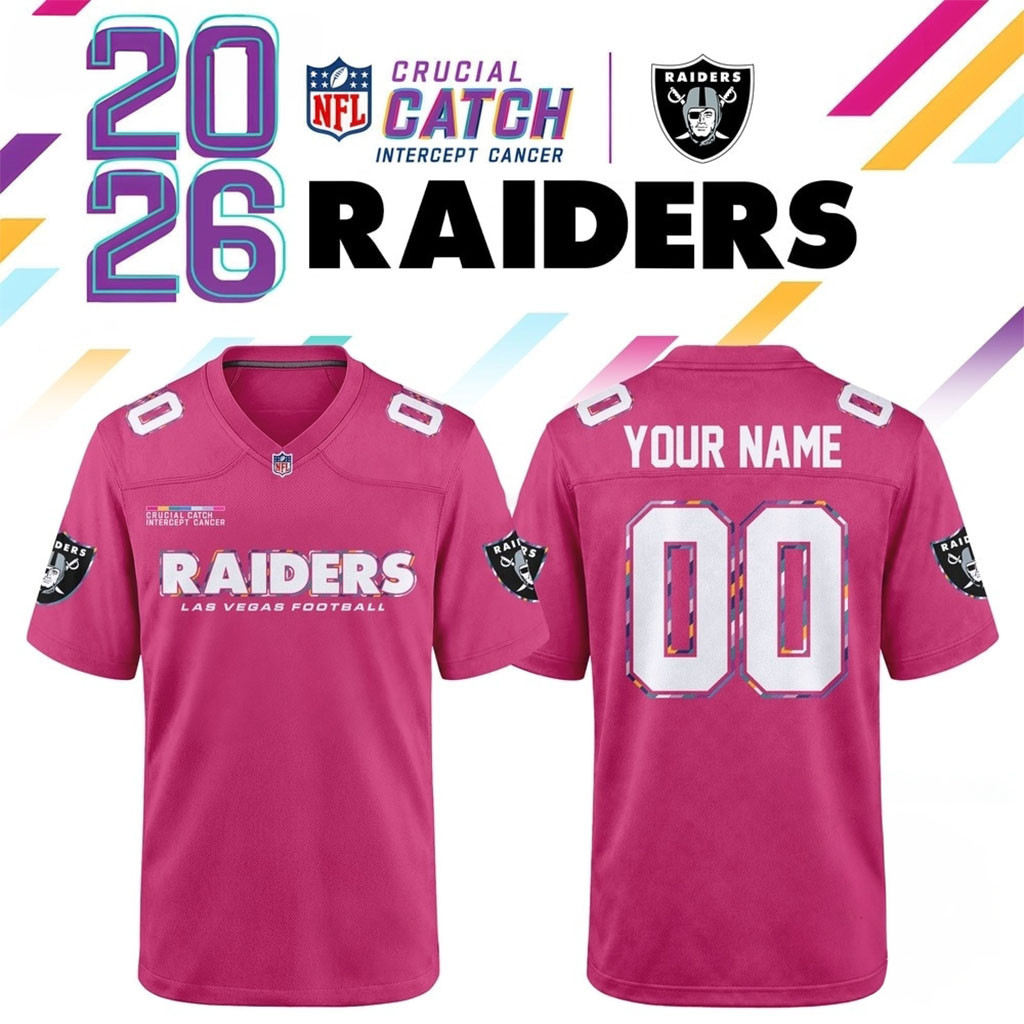 Custom Las Vegas Raiders NFL Crucial Catch 2026 Pink Football Jersey Raiders Merchandise Custom Las Vegas Raiders NFL Crucial Catch 2026 Pink Football Jersey Raiders Merchandise