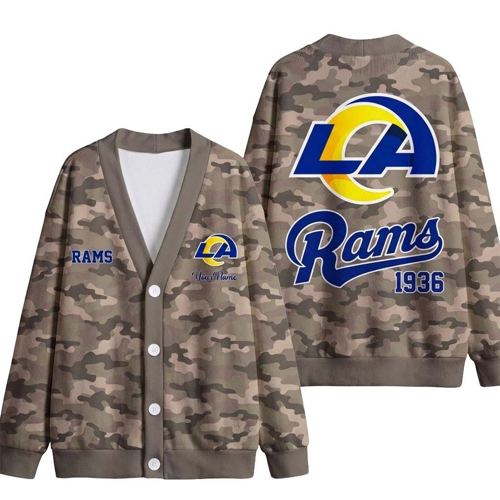 Custom Los Angeles Rams Veteran Military Camo Heritage Cardigan Rams Merch Fan Gift Ideas