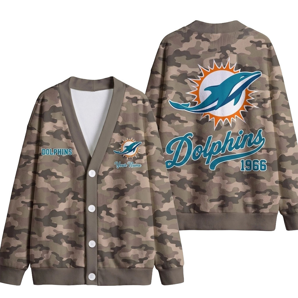 Custom Miami Dolphins Veteran Military Camo Heritage Cardigan Dolphins Merch Presents For Wife