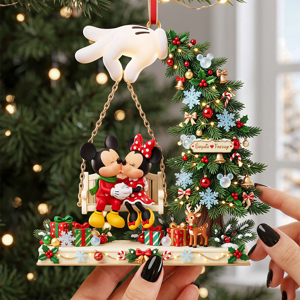 Custom Mickey Mouse Minnie Couple Kissing On Swings Acrylic Christmas Ornament Couples Gifts