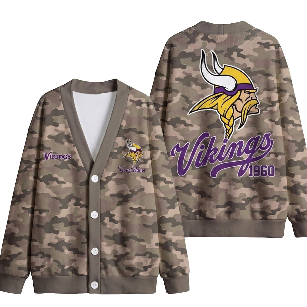 Custom Minnesota Vikings Veteran Military Camo Heritage Cardigan Vikings Merch Presents For Her