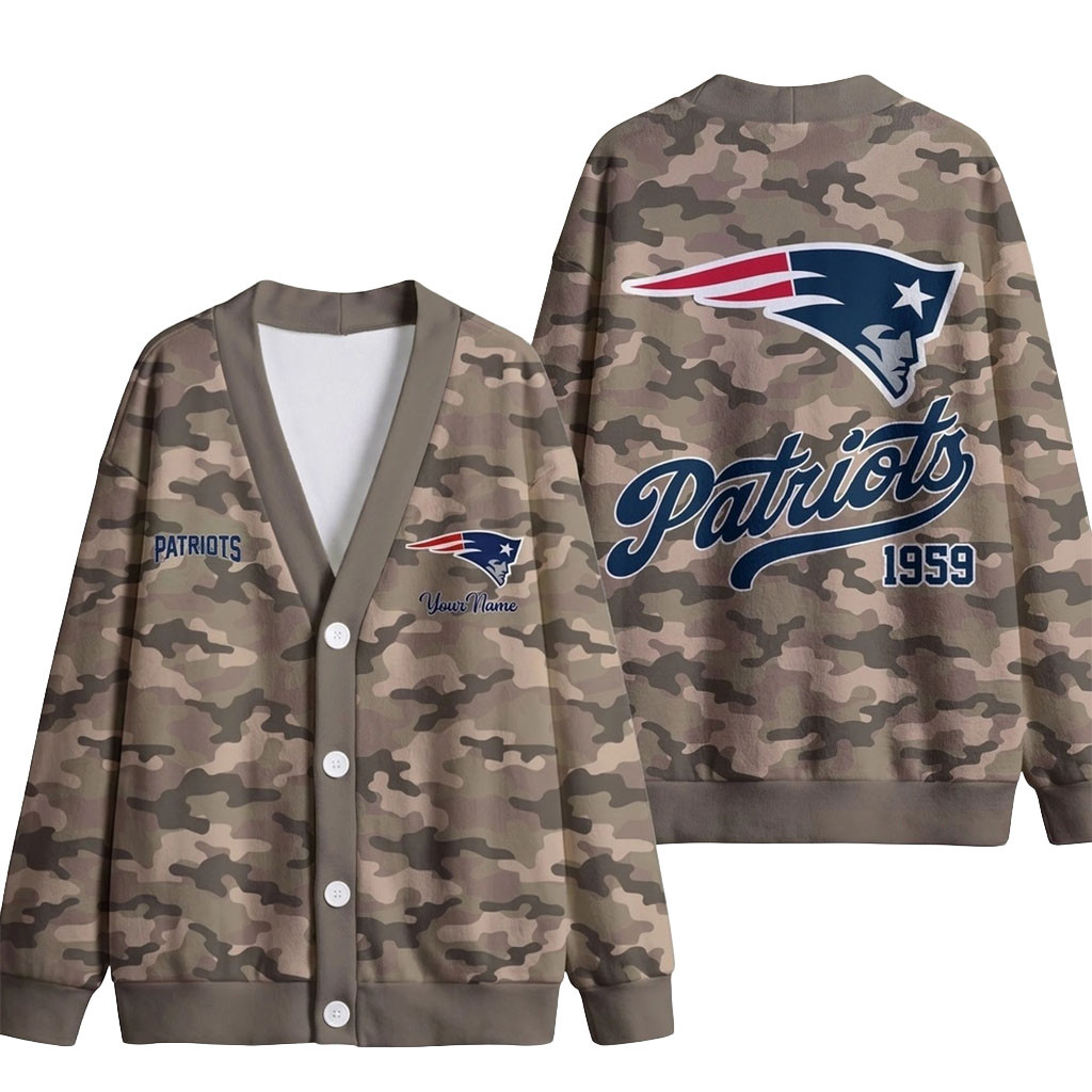 Custom New England Patriots Veteran Military Camo Heritage Cardigan Patriots Merch Fans Gifts