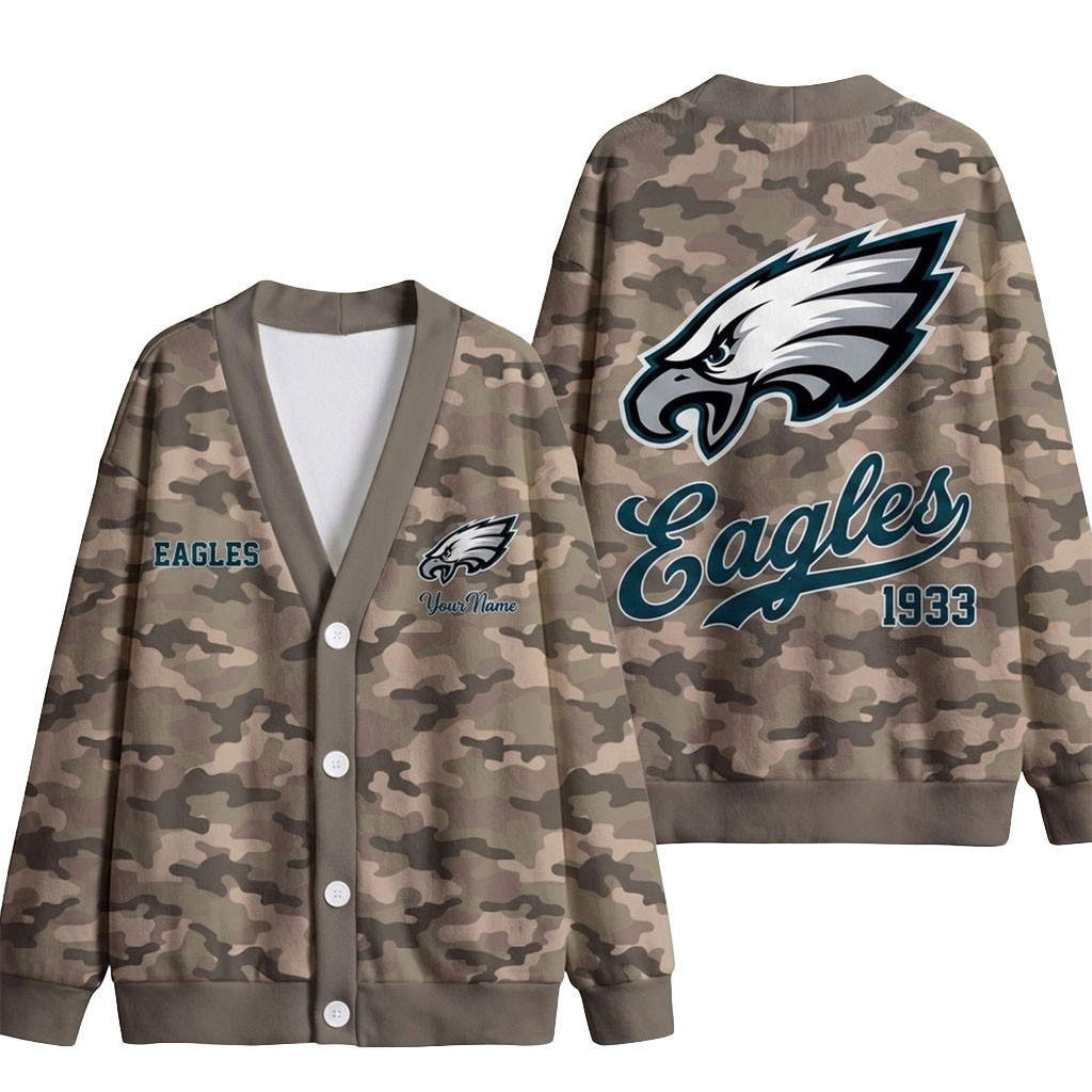 Custom Philadelphia Eagles Veteran Military Camo Heritage Cardigan Eagles Merch Sister Gifts