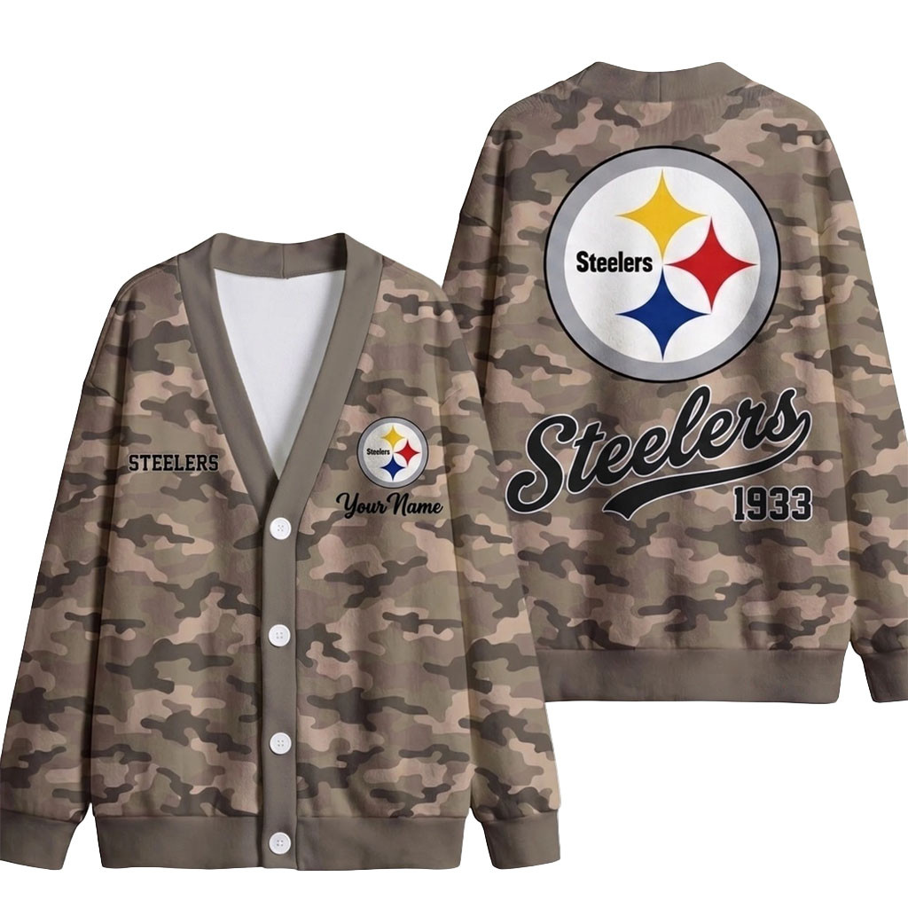 Custom Pittsburgh Steelers Veteran Military Camo Heritage Cardigan Steelers Merch Fans Gifts
