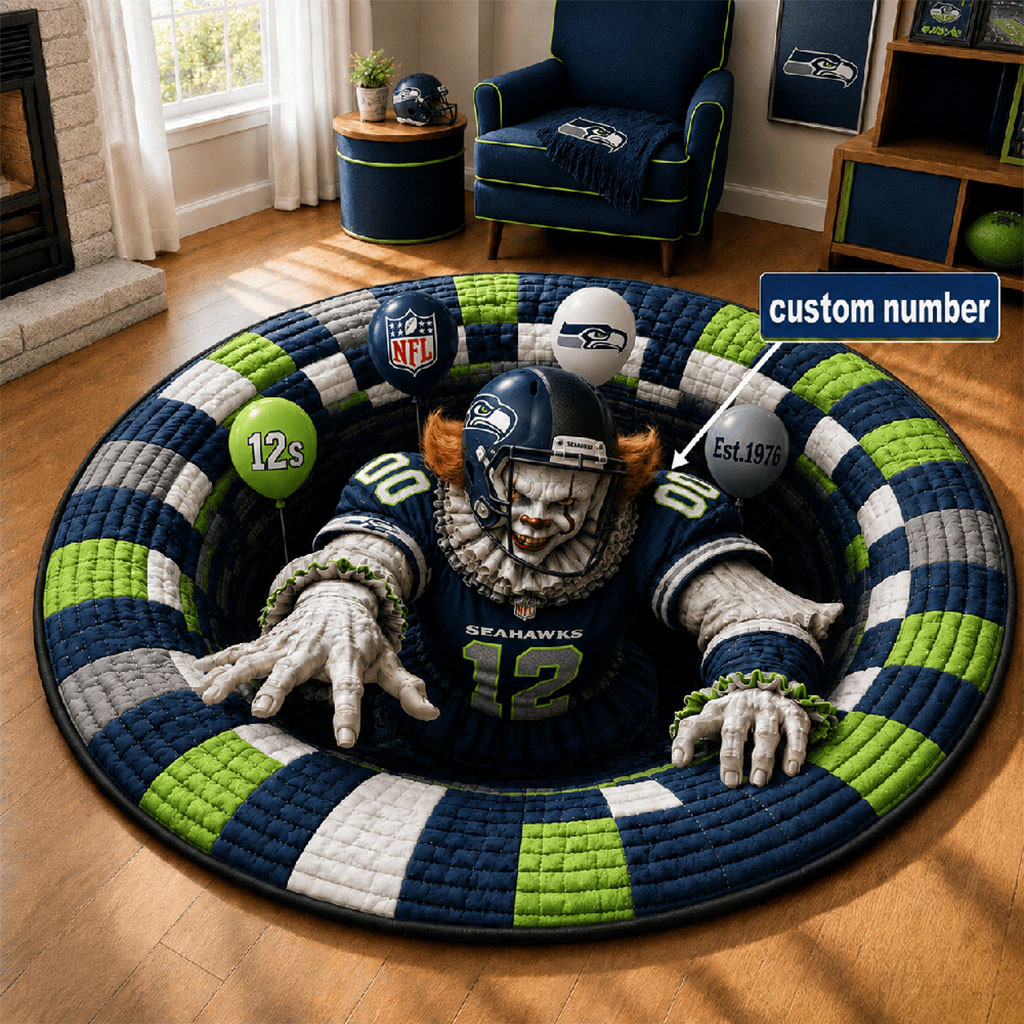 Custom Seattle Seahawks X Pennywise 2026 Halloween Quilted Round Mat Seahawks Merch Decor