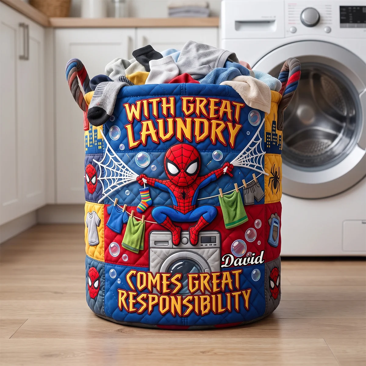 Custom Spider-man With Great Laundry Comes Great Responsibility Quilted Laundry Basket Decor