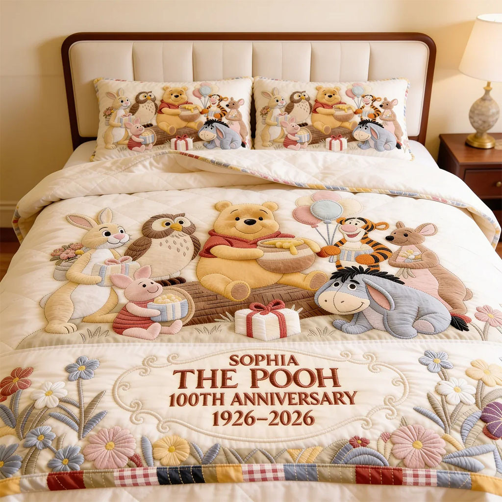 Custom Winnie The Pooh 100 Years Of Friendship Quilted Bedding Set Gift For Movie Fans