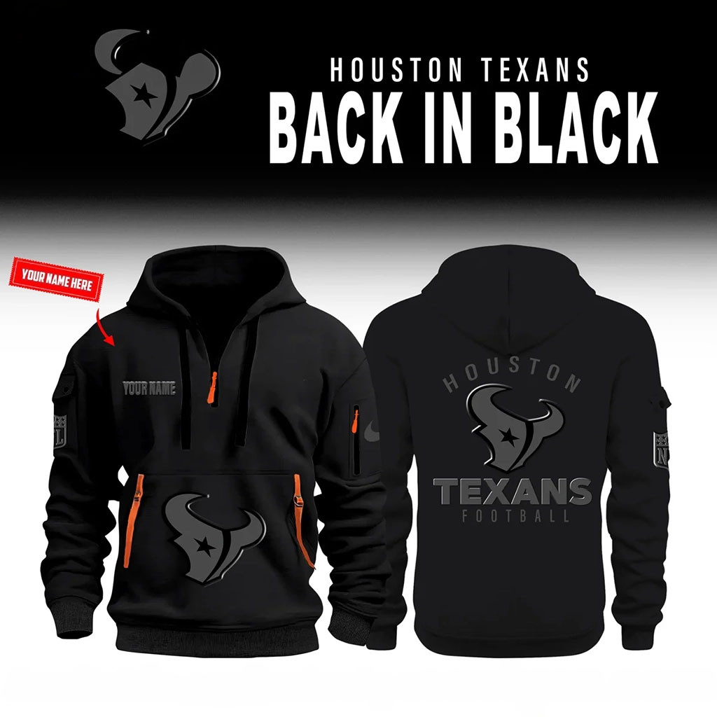 Customized Houston Texans 2026 Back In Black Quarter Half Zip Hoodie Texans Merch Fans Gifts