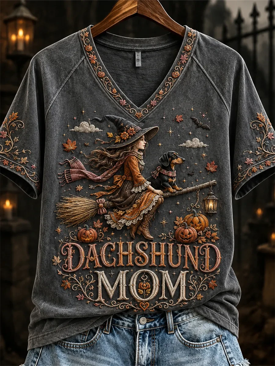 Dachshund Mom Halloween V-Neck Shirt Womens Witch Outfit Gift For Sausage Dog Lover Dachshund Mom Halloween V-Neck Shirt Womens Witch Outfit Gift For Sausage Dog Lover