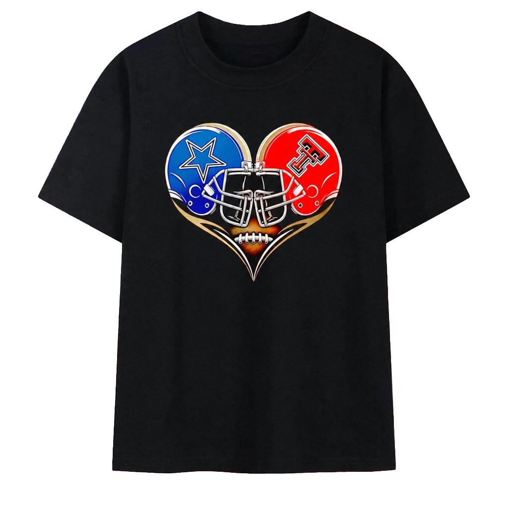 Dallas Cowboys And Texas Tech Red Raiders Heart Football Helmet T-Shirt Game Day Shirt For Fans