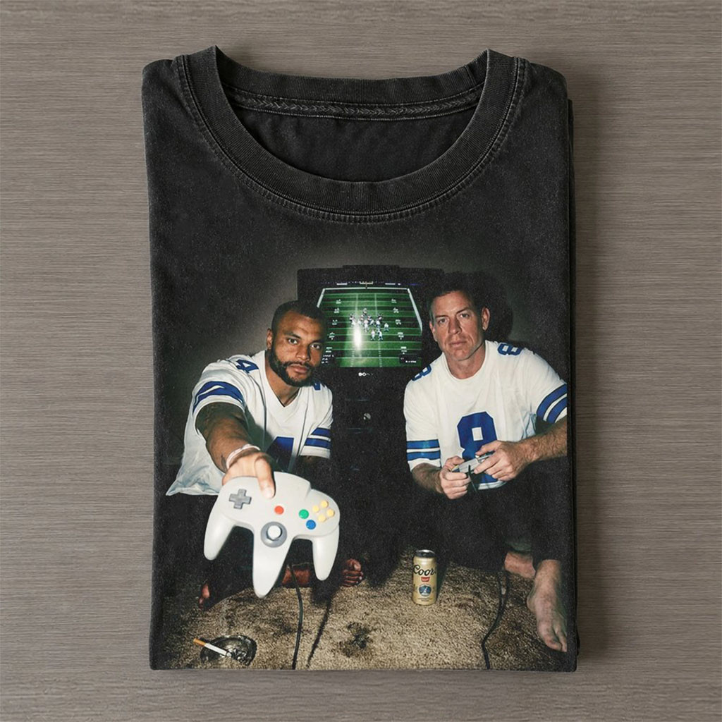 Dallas Cowboys Dak Prescott And Troy Aikman Playing Video Games Drinking T-Shirt Funny Shirt