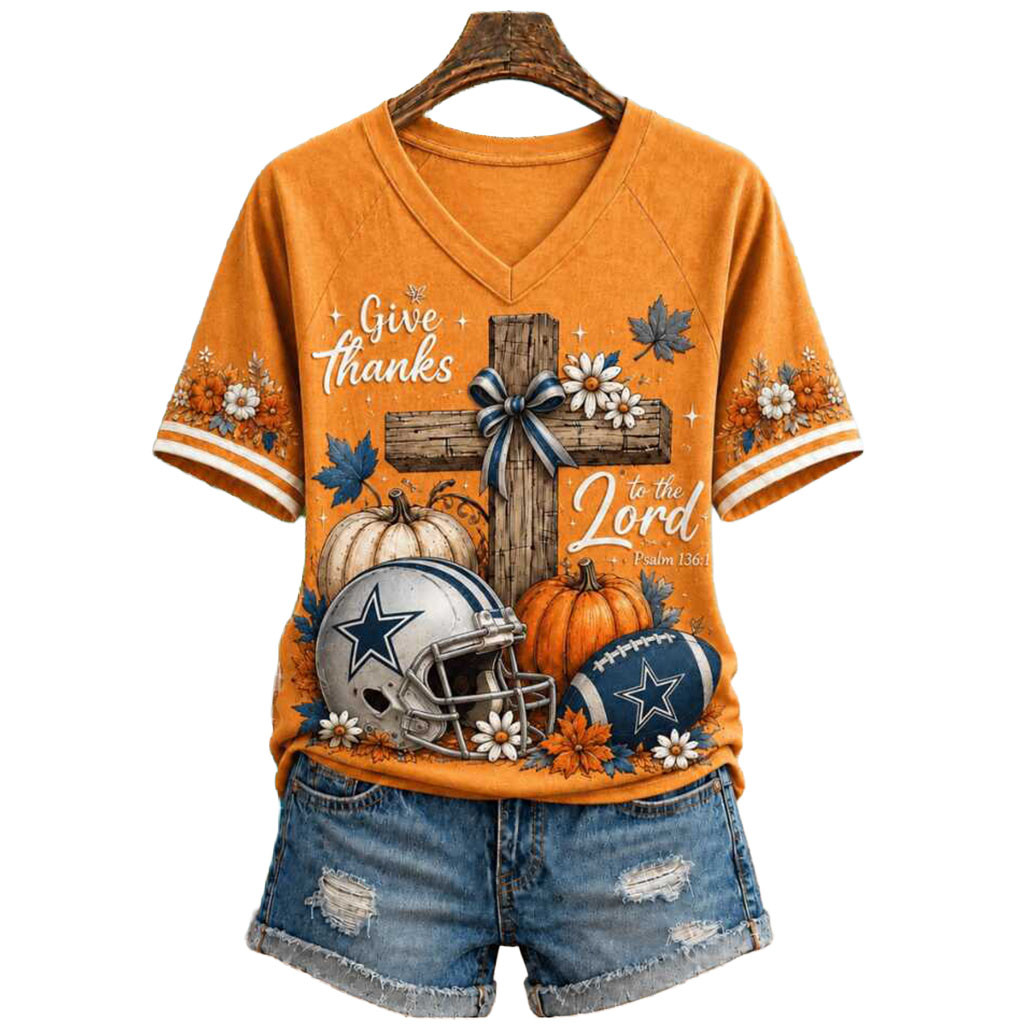 Dallas Cowboys Give Thanks To The Lord Pumpkin Cross V-Neck Shirt Dallas Cowboys Merch Dallas Cowboys Give Thanks To The Lord Pumpkin Cross V-Neck Shirt Dallas Cowboys Merch