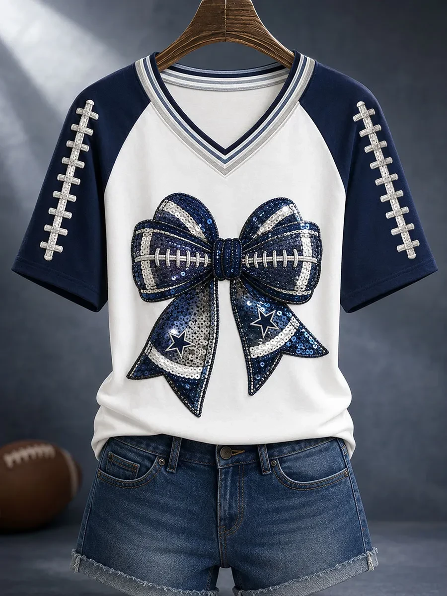 Dallas Cowboys Merch Dallas Football Bow V-Neck Shirt Game Day Apparel Gift For Football Fan
