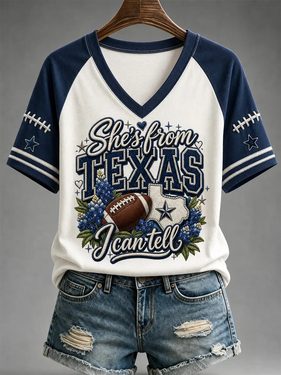 Dallas Cowboys Merch She's From Texas Dallas Football V-Neck Shirt Game Day Gifts For Her