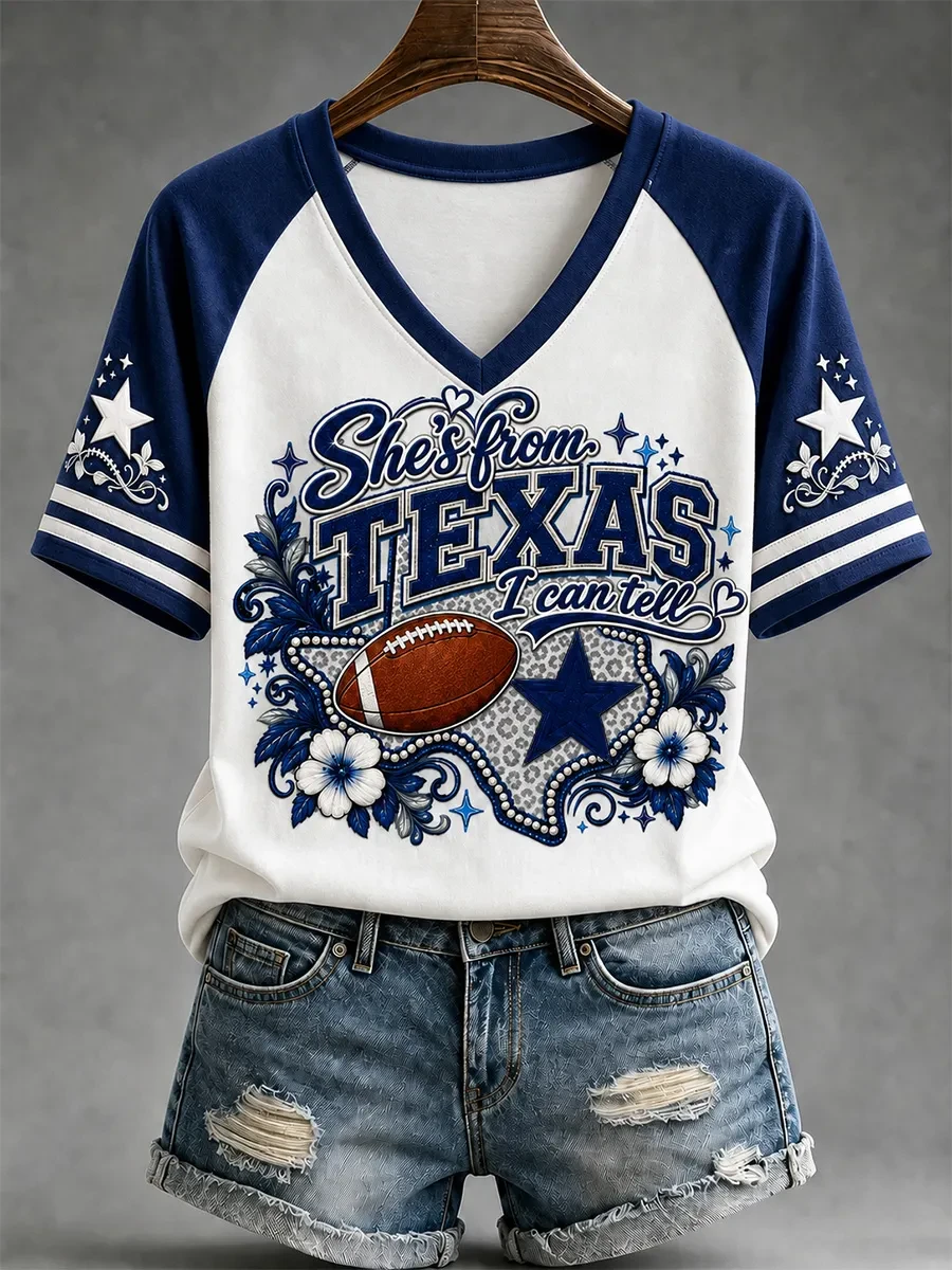 Dallas Cowboys Merch She's From Texas V-Neck Shirt Dallas Football Fan Gifts For Women