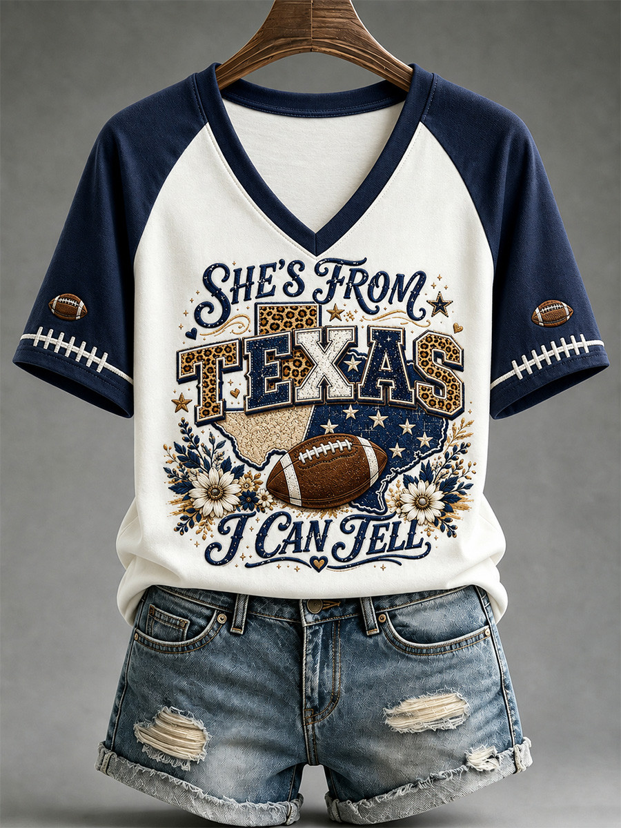 Dallas Cowboys Merch She's From Texas V-Neck Shirt Dallas Football Game Day Apparel Women